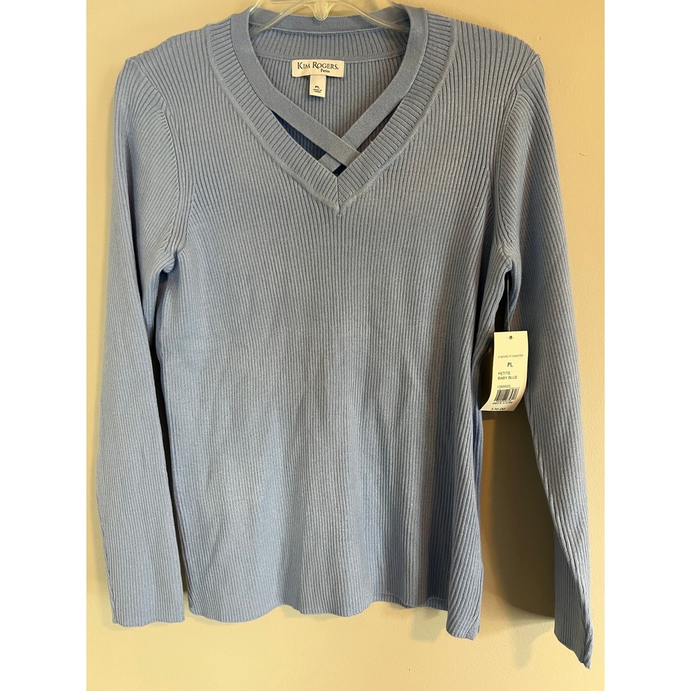 Kim Rogers Petite Baby Blue Ribbed Criss Cross V-Neck Novelty Sweater PL NWT
